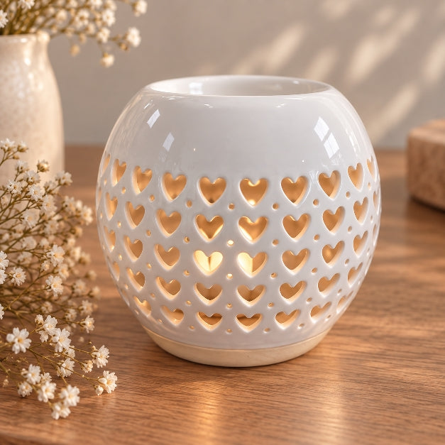 Brûle-parfums Coeur en céramique blanche ajourée - Néva Fécamp